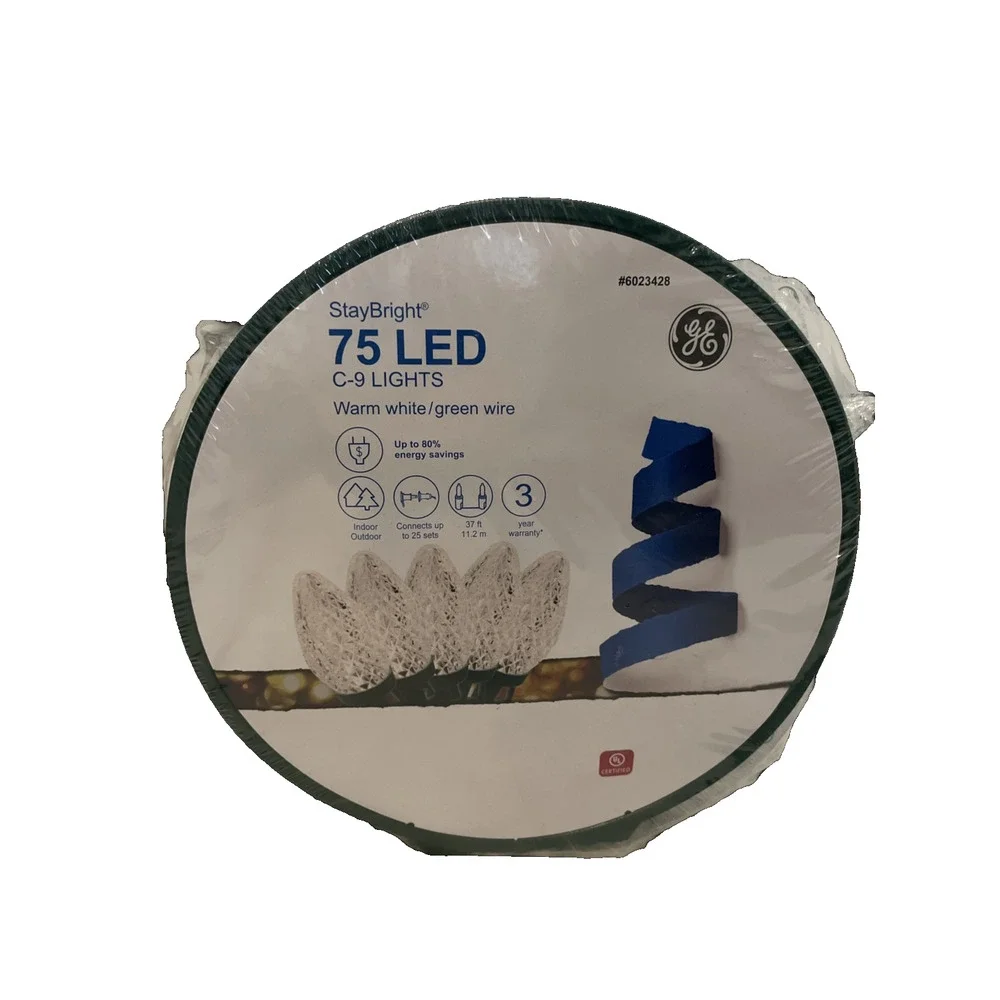 GE StayBright 75 Count 37 Feet Warm White C9 LED Christmas Lights Green Wire NEW